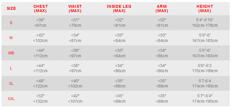 2024 Nookie Fusion Drysuit 0 Size Chart